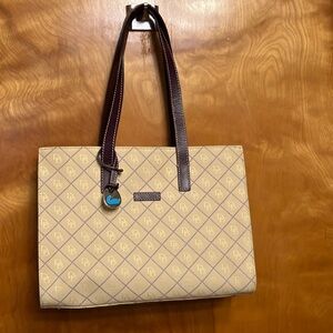 DOONEY & BOURKE SATCHEL. TAN AND PLUM AND LIGHT PURPLE. NEVER USED. BEAUTIFUL